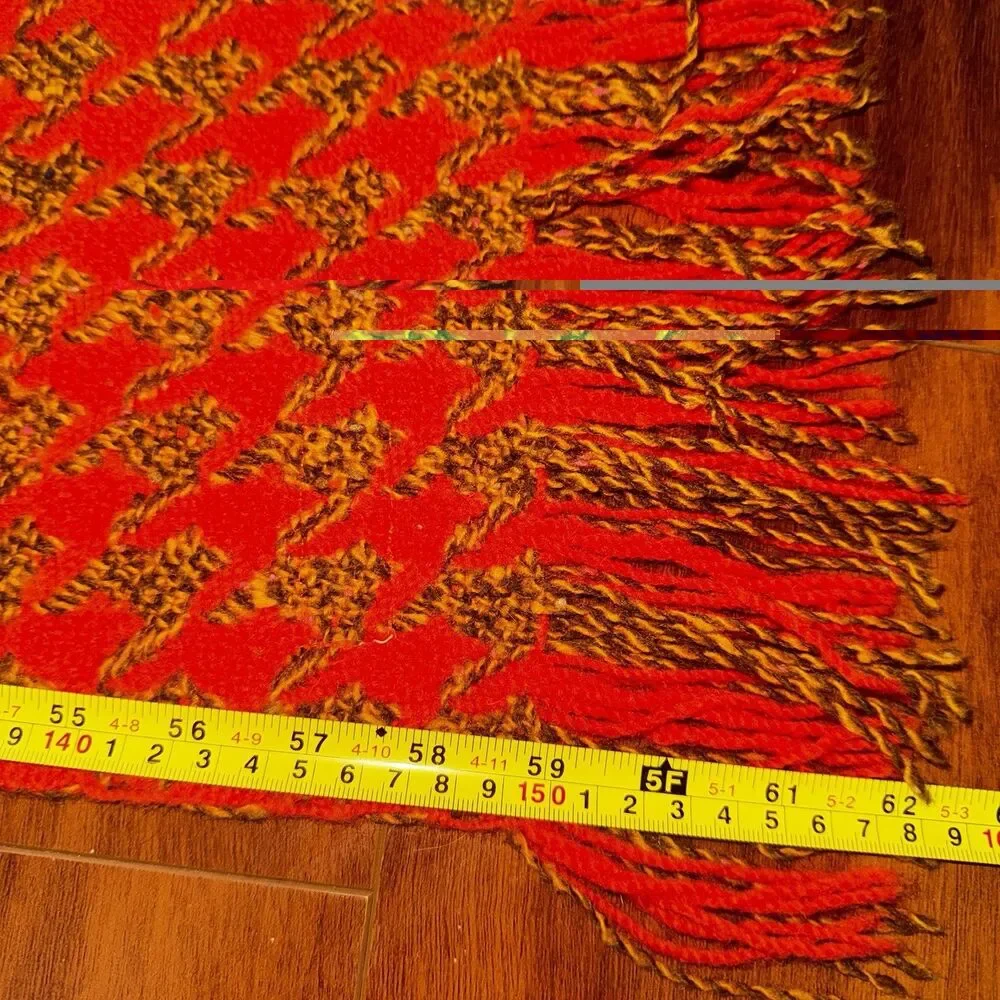 Vintage 60s 70s Pendleton Wool Houndstooth Fringed Throw Blanket Orange 53 x 62